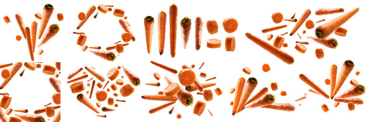 A set of photos. Ripe carrots whole and sliced levitate on a white background