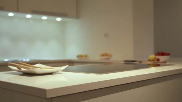 Modern kitchen interior design with kitchen quartz countertop.