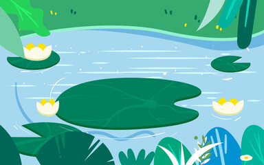 Fototapeta na wymiar Frog standing on a lotus leaf to cool off, river and plants in the background, vector illustration