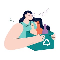 Recycling garbage flat vector illustration. Woman sorting plastic waste. Plastic pollution problem concept