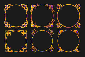Set of golden frames, square and round borders with ornate metal rims and gem stones. Medieval cartoon game elements, empty metallic bordering with gemstones, isolated photoframes, Vector illustration
