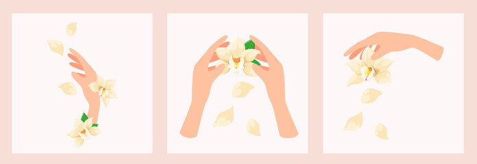 Women's hands with flowers and orchid petals. Cartoon design.

