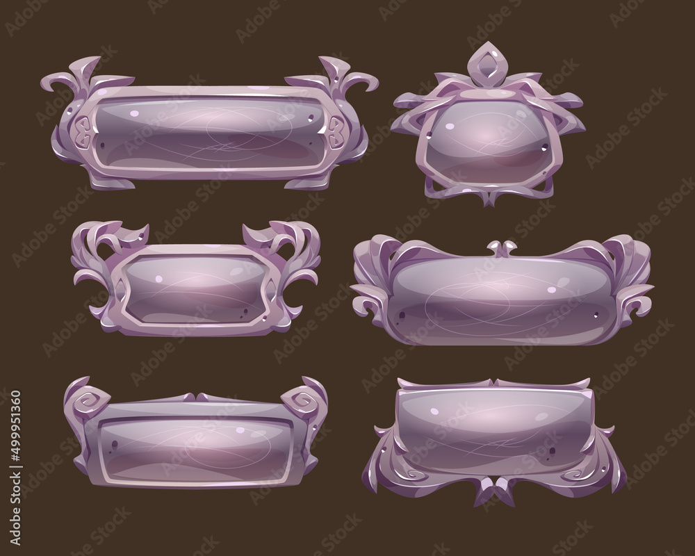 Poster game silver buttons with fantasy frames in medieval style. vector cartoon set of rpg game user inter