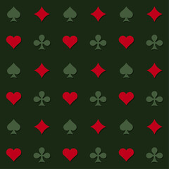 Poker Card Suits Seamless Pattern on Green Background. Vector