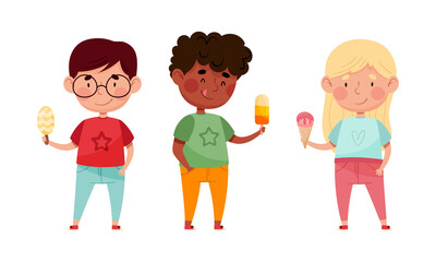 Cute kids eating ice cream. Happy boys and girl feeling happy with their ice cream cartoon vector illustration