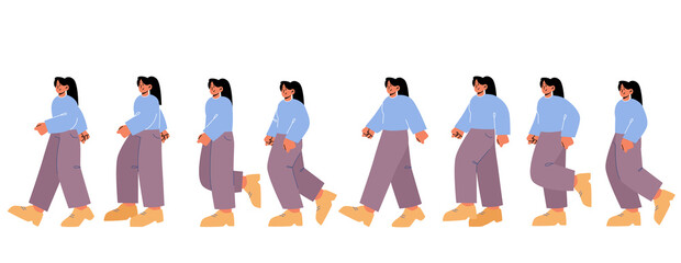 Woman character walk cycle sequence in side view. Vector flat illustration of girl steps in different postures. Animation sprite sheet of walking female person, girl gait