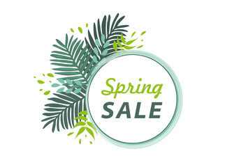 Super Sale
Spring Label on a background of Tropical Leaves, vector illustration. Used for online store, printing, web, landing