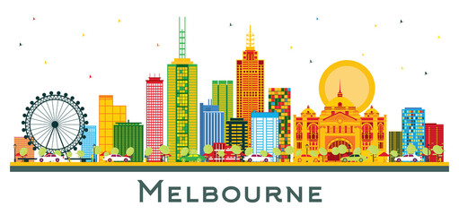 Naklejka premium Melbourne Australia City Skyline with Color Buildings Isolated on White.