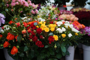 Bright bouquets of flowers with decorative paper on sale.