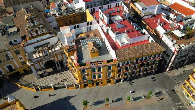Overhead Drone Shot Pulling Away from Macarena Basilica in Seville