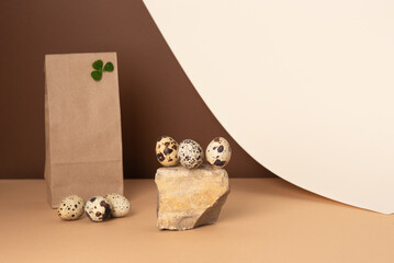 The concept of buying and delivering food. Quail eggs with natural materials