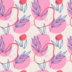 Abstract flower seamless pattern. Hand drawn line leaves with colorful shapes on pink backdrop, modern decor, bright colors botanical backgound. Decor textile, wrapping paper wallpaper, vector print