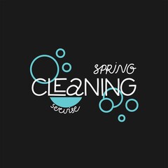 Spring Cleaning lettering, text on water drops, housework phrase, hand drawn letters, banner or poster, laundry sticker, vector illustration isolated on black background