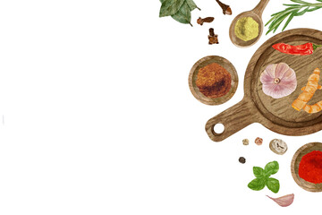 Watercolor natural aroma spices backgrouns. Garlic, cloves, nutmeg, basil and dry spices in bowls and spoons.