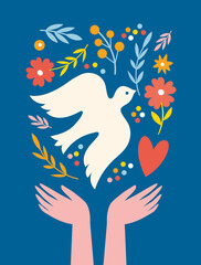 World peace poster. Dove of peace , flowers,  heart, symbols of peace - 499956982