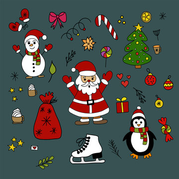 collection of christmas objects and characters isolated on white background
