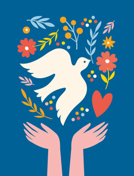 World peace poster. Dove of peace , flowers,  heart, symbols of peace
