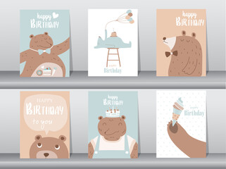 Set of birthday cards,poster,invitation,template,greeting cards,animals,cute,Vector illustrations