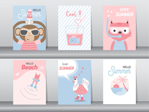 Set of cute animal for summer card on pattern design,poster,template,greeting,cards,Vector illustrations.