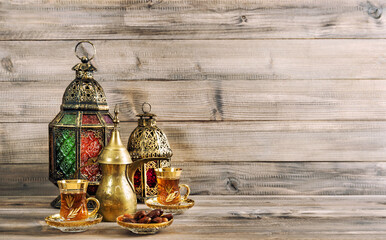 Fototapeta na wymiar Oriental lantern tea table wooden background. Holidays decoration