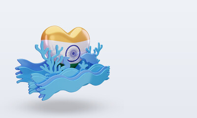 3d ocean day India love flag rendering left view