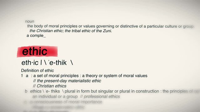 The Word Ethic Red Highlighted in a Dictionary Animation