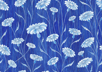 Vintage blue floral seamless pattern. Watercolor painting blue daisy flowers with silver contours on striped textured background. Template for design, textile, wallpaper, bedding, ceramics.
