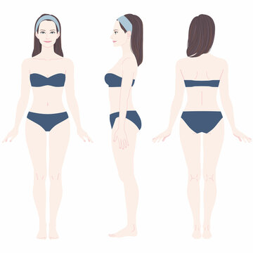 [Full-body illustration of a woman]
This woman's body has a voluminous chest and hips and a constricted waist. It has an hourglass-like body shape.
She is wearing underwear.
Front, Side, Rear view.