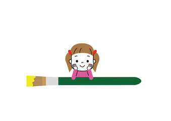 大きな絵筆に頬杖をついて微笑んでいる女の子