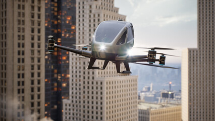 Autonomous driverless aerial vehicle fly across city, 3d render - obrazy, fototapety, plakaty