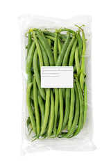 Fresh harvest french beans packaged and labeled on a white background