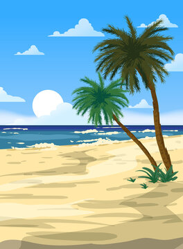 Tropical Summer Travel Poster, ocean, sea, palms, sky, beach. Tourism concept template