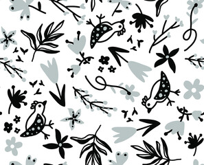 Abstract Hand Drawing Oriental Vintage Flowers Leaves and Birds Seamless Vector Pattern Isolated Background