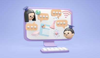 3d rendering of computer with student chatting about study science concept of online studying education. 3d render illustration cartoon style.