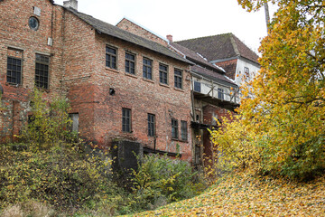 Obraz premium Old countryside brick building house with yellow leaves near.