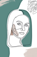 Abstract freehand drawing of female face in continuous line on pastel background