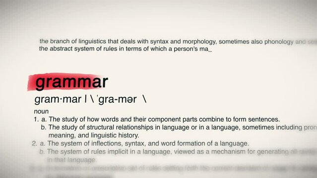 The Word Grammar Red Highlighted in a Dictionary Animation