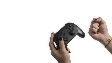 Woman hand holding video game console controller isolated on white background. © Prathankarnpap