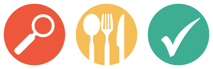 Bunter Banner mit 3 Buttons: Restaurant und Essen suchen