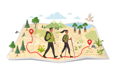 Map of the area with a laid route along which traveling tourists. Vector illustration