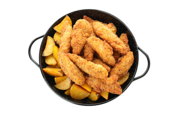 Concept of tasty food with chicken strips isolated on white background