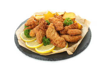 Concept of tasty food with chicken strips isolated on white background