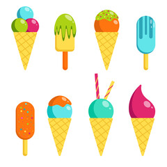 Vector flat ice cream set. Collection of cute summer fruit desserts made of ice.
