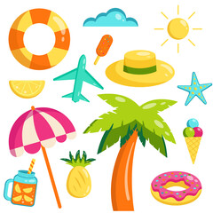 Vector flat collection of summer elements. Set of cute summer symbols. Airplane, palm tree, ice cream, umbrella, starfish.