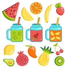 Vector flat set of fruit cocktails in glass jars and fruits. Collection of drinks and summer fruits and berries.