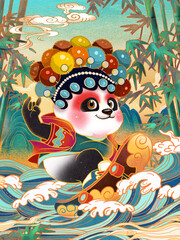 Chinese cartoon cute panda opera illustration