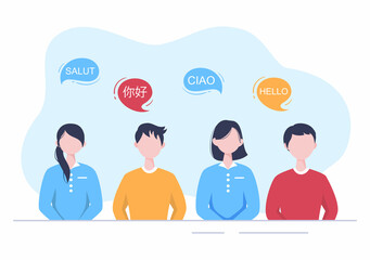 Translator or Translation Language Illustration. Say hello in Different Countries and Multilingual International Communication Cartoon Design © denayune
