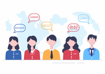 Translator or Translation Language Illustration. Say hello in Different Countries and Multilingual International Communication Cartoon Design © denayune