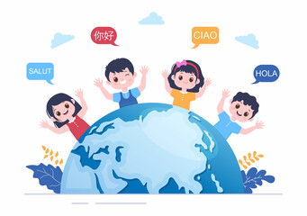 Translator or Translation Language Illustration. Say hello in Different Countries and Multilingual International Communication Cartoon Design © denayune