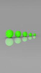 Five glass balls of different sizes of Neon Green color on gray background. Growth of something. Progress. Vertical image. 3D image. 3D rendering.